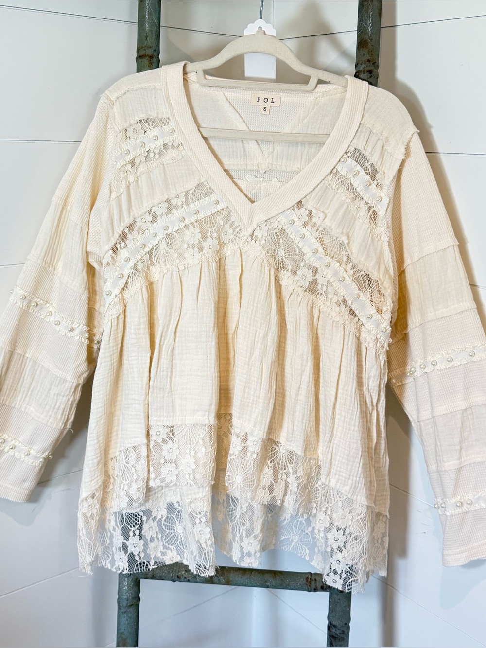NEW POL : “The Merlana”Cream Lace-Trim V-Neck Peasant Baby Doll Tunic